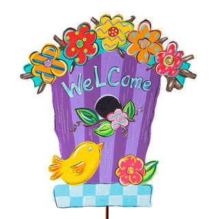 Whimsical Metal Birdhouse Garden Stake — Vibrant Outdoor Decor