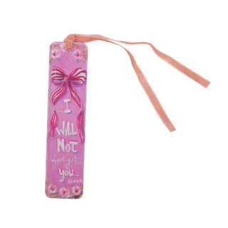 Pink bookmark with floral design and ribbon on a white background