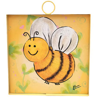 Illustration of a smiling bee on a yellow background with green leaves.