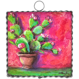 Painting of a cactus with pink flowers on a colorful background