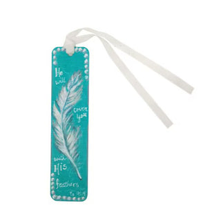 Bookmark with feather design and text on a white background