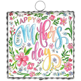 Decorative sign with 'Happy Mother's Day' text surrounded by flowers on a white background