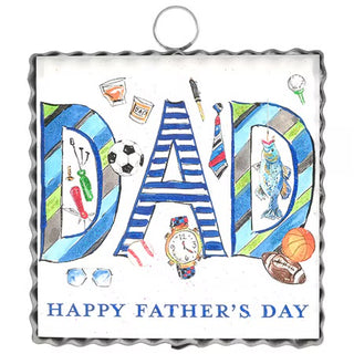 Decorative sign with 'DAD' and various symbols on a white background
