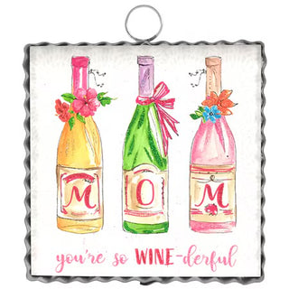 Decorative sign with wine bottles and 'you're so WINE-derful' text on a white background