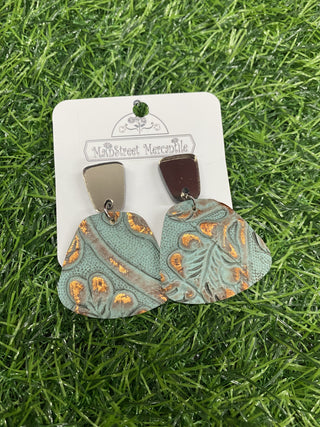 Long Bronze Trapezoid and Embossed Turq- Western Earrings