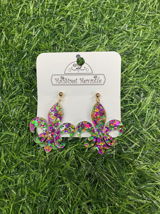 1.75" Mardi Gras Glitter Fleur de Lis Acrylic Dangles - Mardi Gras Earrings