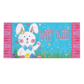 Easter banner with a cartoon bunny and 'Happy Easter' text on a blue background.