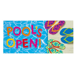 Banner with 'Pool's Open!' text and colorful flip-flops on a poolside background