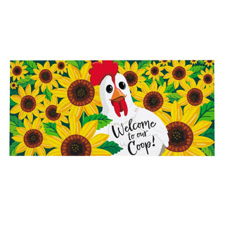Decorative mat with a chicken and sunflower design, featuring the text 'Welcome to our Coop!'.