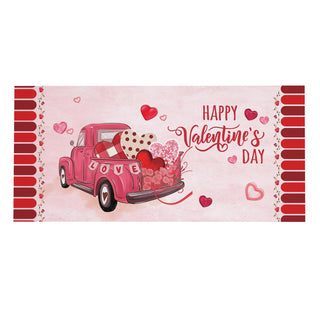 Valentine's Day-themed banner with a pink truck, hearts, and 'Happy Valentine's Day' text on a light pink background.