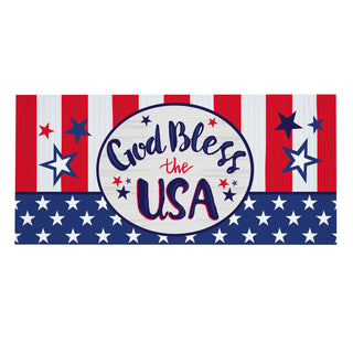 Decorative banner with 'God Bless the USA' text on a red, white, and blue striped background.
