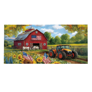 Painting of a red barn with a tractor, American flags, and sunflowers on a farm.