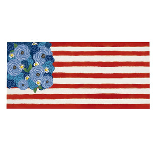 American flag with blue floral design on a white background