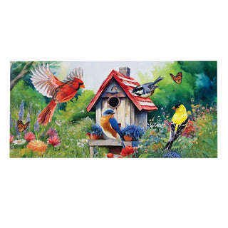 Colorful painting of birds around a birdhouse with flowers and butterflies.
