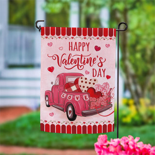 Valentine's Day garden flag with a pink truck and hearts on a pink background, 