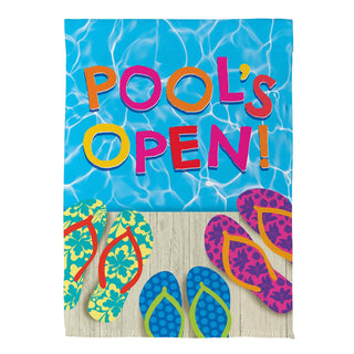 Decorative sign with 'Pool's Open!' text and colorful flip-flops on a pool-themed background.