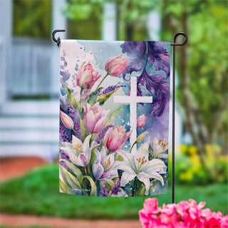 Decorative garden flag with flowers and a cross