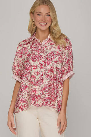 Fuchsia Print Button Down Top