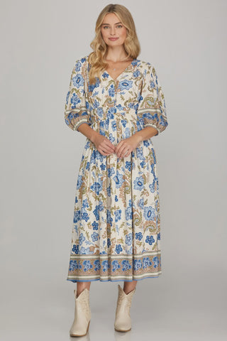 Blue Floral Border Print Midi Dress