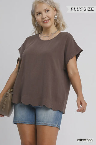Scallop Hem Linen Blend Top – Espresso