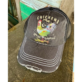 Distressed black cap with a rooster and says "Chickens are my spirit animal"