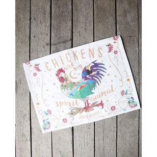 White dish towel with "Chickens are my spirit animal"