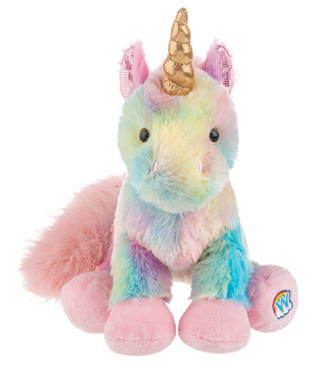 A plush unicorn toy with a pastel rainbow fur pattern, featuring pink hooves, a metallic gold horn, and pink ears, set against a plain white background.