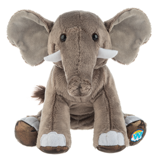 A plush elephant toy in medium brown with large floppy ears, white tusks, and white-padded feet, photographed against a plain white background.