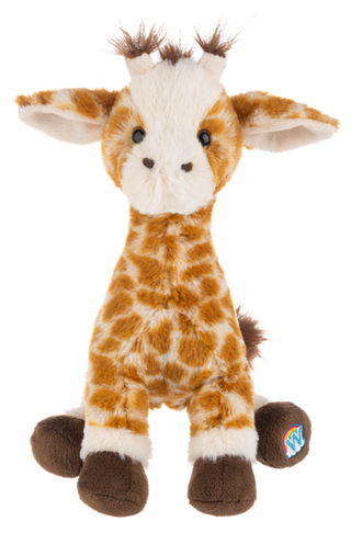 A plush toy giraffe with brown and cream patches, dark brown hooves, and small tufts of brown hair on its head, photographed against a plain white background.
