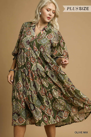 Boho Print Olive Midi Dress Plus