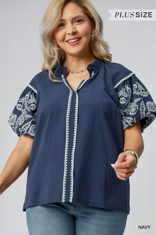 Navy Embroidered Blouse Plus