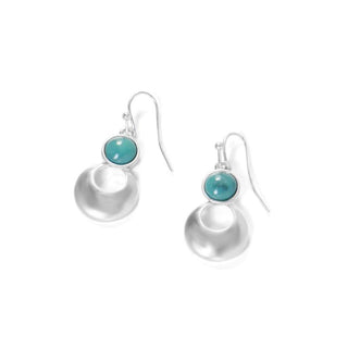 Pair of silver earrings with turquoise stones on a white background