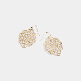 A pair of gold-toned filigree dangle earrings with a floral mandala pattern, shown on a light gray background.