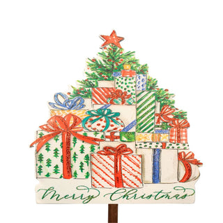 Decorative Christmas tree made of gift boxes with 'Merry Christmas'