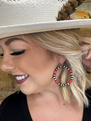 Lubbock Earrings – Red Bead &amp; Faux Navajo Pearl Hoop Earrings