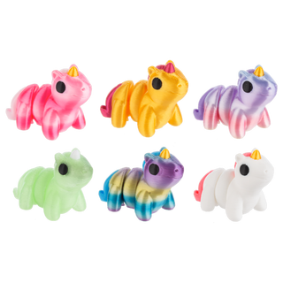 Set of colorful caterpillar-like toys with unicorn hats on a white background