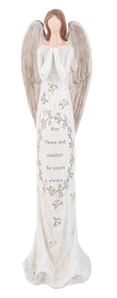 Decorative angel figurine with wings and a long white robe on a white background