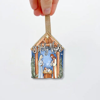 Decorative ornament with nativity scene and 'O Holy Night' 