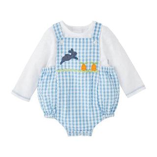 Baby romper with blue checkered pattern and bunny design on a white background