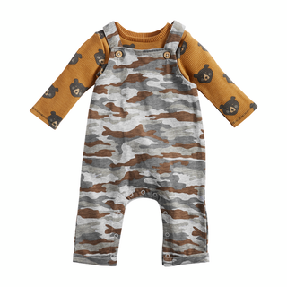 Get your little one ready for Fall play days with our Bear Camo baby overall set. The two piece set comes with a knit waffle shirt that features a gold background with bears throughout. The set comes with cotton slub overalls that feature a detailed camo print. This set can be worn together or separately.