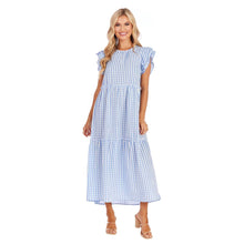 Load image into Gallery viewer, Blue Gingham Bardot Maxi Dress M