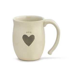 White ceramic mug with a heart design and 'mom' text on a white background