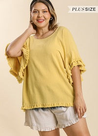Linen Blend Ruffle Sleeve Yellow 1X