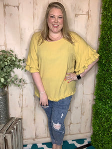 Linen Blend Ruffle Sleeve Yellow 2X