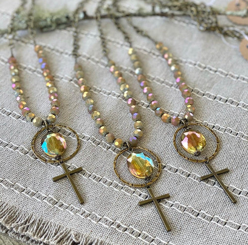 Crystal Necklace Bronze Ring & Cross